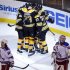 Bruins' players celebrate after scoring against Rangers in the third period of Game 2 of their NHL Eastern Conference semi-final hockey playoff series in Boston