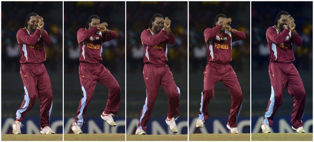 Combination photo of West Indies' Gayle performing a dance after dismissing Ireland's Wilson during the ICC World Twenty20 match in Colombo