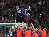 Paris Saint Germain's midfielder David Beckham from England, is thrown in the air by his teammate at the end of their French League One soccer match against Brest, at the Parc des Princes stadium, in Paris, Saturday, May 18, 2013. Paris Saint-Germain hopes to strike a deal with David Beckham in the next two weeks in which the former England captain will work with the French club after retirement, possibly in an ambassadorial role. (AP Photo/Thibault Camus)