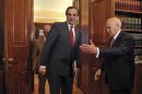 Greek President Papoulias welcomes Samaras in his office in Athens