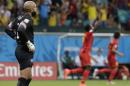 United States' goalkeeper Tim Howard reacts after Belgium's Romelu Lukaku scored his side's second goal during the World Cup round of 16 soccer match between Belgium and the USA at the Arena Fonte Nova in Salvador, Brazil, Tuesday, July 1, 2014. (AP Photo/Julio Cortez)