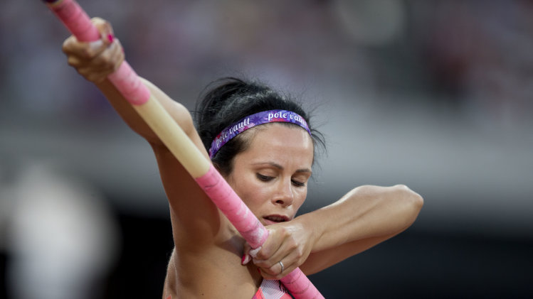 Jennifer Suhr from the U.S. readies herself to run in for her final attempt resulting in her finishing second in the womens' pole vault competition during the Diamond League athletics meet at the Stadium in the Queen Elizabeth Olympic Park, London, Friday, July 26, 2013. The athletics meet marks the anniversary of the London 2012 Olympic Games. (AP Photo/Matt Dunham)