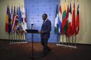 Central African Republic's Foreign Minister Doudou arrives to the podium to speak with the media after voting on a resolution approving U.N. peacekeepers for the Central African Republic, at U.N. headquarters in New York