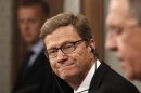 German Foreign Minister Guido Westerwelle, accompanied by his Russian counterpart Sergei Lavrov, attends a news conference in Moscow