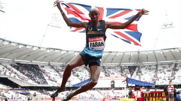 Mo Farah of Britain clicks his heels after winning the men's 3000m at the London Diamond League 'Anniversary Games' athletics meeting at the Olympic Stadium (Reuters)