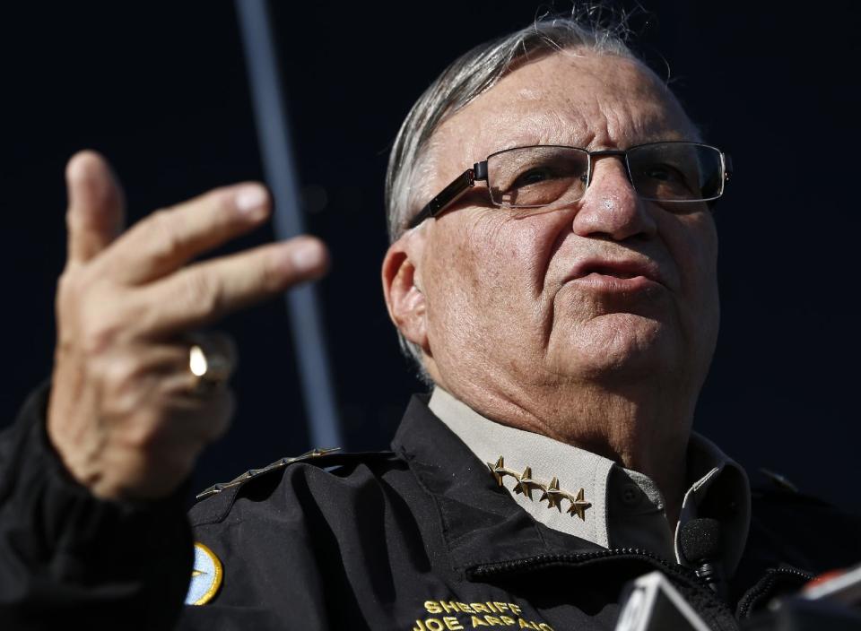 In this Jan. 9, 2013 file photo, Maricopa County Sheriff Joe Arpaio speaks with the media in Phoenix. Arpaio begins a four-day hearing Tuesday, April ...