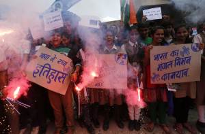 School students light firecrackers as celebrate India's&nbsp;&hellip;