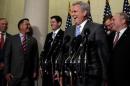 McCarthy laughs as he and Ryan, flanked by Scalise, introduce Smith and Messer as new members of the House Republican leadership team on Capitol Hill in Washington