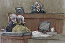 In this courtroom sketch, Maj. Nidal Hasan, center, sits before the judge, U.S. Army Col. Tara Osborn, at the Lawrence William Judicial Center during the sentencing phase of his trial, Wednesday, Aug. 28, 2013, in Fort Hood, Texas. The jury found Hasan unanimously guilty on the 13 charges of premeditated murder in the 2009 shooting at Fort Hood, and he is eligible for the death penalty. (AP Photo/Brigitte Woosley)