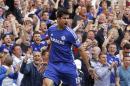 Chelsea's Diego Costa celebrates his goal against Leicester City during their English Premier League soccer match at Stamford Bridge, London, Saturday, Aug. 23, 2014. (AP Photo/Sang Tan)
