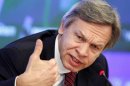 Pushkov, Chairman of the Russian State Duma Committee on International Affairs, attends a news conference in Moscow
