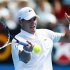Isner of U.S. hits a return to compatriot Harrison during their men's singles match at the Sydney International tennis tournament
