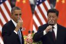 U.S. President Barack Obama, left, and Chinese President Xi Jinping drink a toast at a lunch banquet in the Great Hall of the People in Beijing Wednesday, Nov. 12, 2014. Obama is on a state visit after attending the Asia-Pacific Economic Cooperation (APEC) summit. The United States and China pledged Wednesday to take ambitious action to limit greenhouse gases, aiming to inject fresh momentum into the global fight against climate change ahead of high-stakes climate negotiations next year. (AP Photo/Greg Baker, Pool)