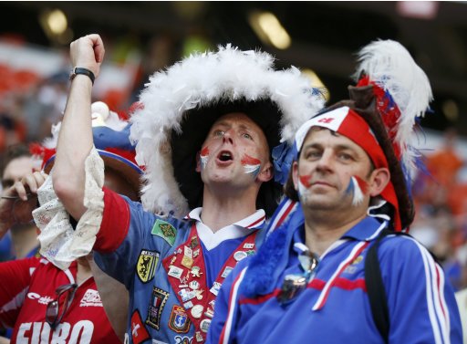 France's soccer fans cheer during the Group D Euro 2012 soccer match against England at Donbass Arena in Donetsk