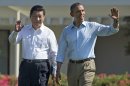 President Barack Obama and Chinese President Xi Jinping, left, walk at the Annenberg Retreat of the Sunnylands estate Saturday, June 8, 2013, in Rancho Mirage, Calif. While saying it is critical that the U.S. and China reach a "firm understanding" on cyber issues, Obama told reporters his meetings with Xi have been "terrific." (AP Photo/Evan Vucci)