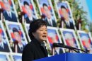 South Korea's President Park speaks during an event marking third anniversary of sinking of a South Korean naval vessel in Daejeon