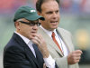 FILE - In this Sept. 3, 2009 file photo, New York Jets Chairman and CEO Woody Johnson, left, and General Manager Mike Tannenbaum talk prior to an NFL preseason football game against the Philadelphia Eagles at Giants Stadium in East Rutherford, N.J. The New York Jets have fired Tannenbaum and say coach Rex Ryan will be back next season. Johnson said in a statement Monday, Dec. 31, 2012, that "like all Jets fans, I am disappointed with this year's results." (AP Photo/Bill Kostroun, File)