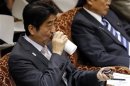 Japan's PM Abe drinks water during an upper house budget committee session at the parliament in Tokyo