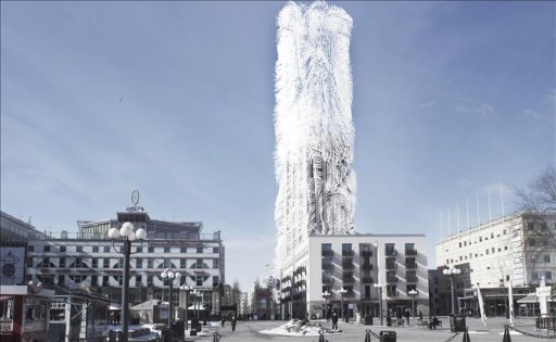 El proyecto “Strawscraper” consiste básicamente en incorporar al Söder Torn, uno de los edificios residenciales más altos de Estocolmo, situado en isla de Södermalm, una extensión estructural y una nueva cubierta compuesta por una gran cantidad de “pelos” o filamentos piezoeléctricos para generar elecetricidad cuando los agita el viento. Foto EFELa nueva extensión de este edificio, equivalente a 14 pisos adicionales y que está previsto que se termine de construir en 2030, no sólo contará connueva cubierta eólica, sino que además habrá una sala desde la cual las personas podrán acceder a una plataforma-mirador en lo más alto de la torre. Foto EFECuando la "cabellera piezoeléctrica" del proyecto “Strawscraper”, sea observada desde la lejanía dará la sensación de que el edificio está recubierto de pelos “verdeazulados”. Foto EFE