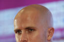 United States' Michael Bradley talks to reporters before a training session in Sao Paulo, Brazil, Saturday, June 28, 2014. The United States will play Belgium on Tuesday in the round of 16 of the soccer World Cup. (AP Photo/Julio Cortez)