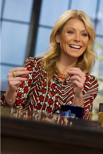 In this Jan. 24, 2012 photo, Kelly Ripa tapes an episode of "Live! with Kelly," in New York. The producers of “Live! With Kelly” say a new co-host will be revealed on the show Sept. 4. Ripa that morning will officially announce her new partner as he or she joins her on stage. By then, Ripa will have welcomed 59 guest co-hosts since Regis Philbin retired from the show last November, Disney-ABC Domestic Television said Monday, Aug. 20, 2012. The chosen one will come for that large pack, the company said. (AP Photo/Charles Sykes)