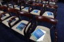Copies of the "FY2013 Budget - The Path to Prosperity" are placed on the chairs of the news conference room at Capitol Hill in Washington