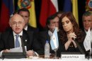 Argentina's President Cristina Fernandez de Kirchner listens as Argentina's Foreign Minister Hector Timerman addresses the annual summit of the Mercosur trade bloc in Mendoza