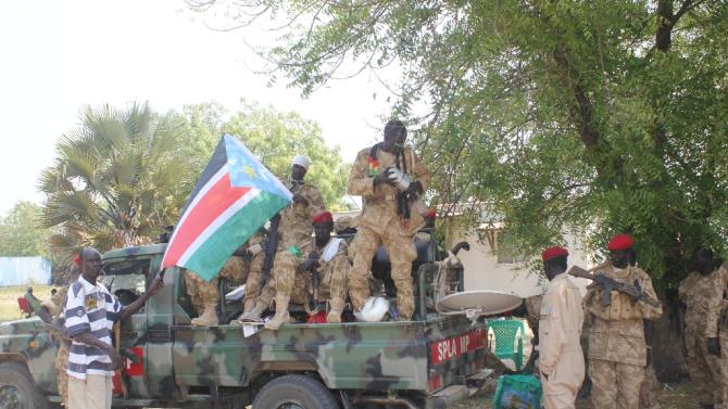 South Sudanese government soldiers near their barracks in Bor, north of the capital Juba