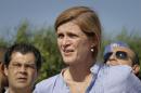 U.S. Ambassador to the United Nations Samantha Power speaks to the media in the capital Juba, South Sudan, Saturday, Sept. 3, 2016. Samantha Power called Saturday for an independent commission to take testimony from rape victims of a rampage by South Sudanese soldiers at a hotel compound popular with foreigners in July. (AP Photo/Justin Lynch)