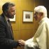 Pope Benedict XVI shakes hands with Rabbi David Rosen during the synod for the Middle East bishops at the Vatican