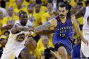 Oklahoma City Thunder's Steven Adams (12) fights for a loose ball against Golden State Warriors' Harrison Barnes (40) during the second half in Game 1 of the NBA basketball Western Conference finals Monday, May 16, 2016, in Oakland, Calif. Oklahoma City won 108-102. (AP Photo/Marcio Jose Sanchez)