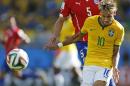 Brazil's Neymar fights for the ball with Chile's Francisco Silva during the World Cup round of 16 soccer match between Brazil and Chile at the Mineirao Stadium in Belo Horizonte, Brazil, Saturday, June 28, 2014. (AP Photo/Frank Augstein)
