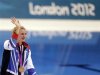 Bronze medallist Britain's Rebecca Adlington waves to the crowd at the women's 800m freestyle victory ceremony during the London 2012 Olympic Games at the Aquatics Centre