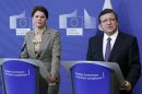European Commission President Barroso and Slovenian Prime Minister Bratusek address a joint news conference at the EU Commission headquarters in Brussels