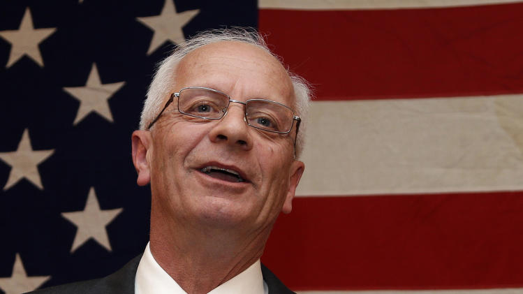 FILE - In this Nov. 7, 2012 file photo, then-Michigan Republican House candidate Kerry Bentivolio speaks at his election night party in Novi, Mich. Business thinks tea partyers have overstayed their welcome in Washington and wants to show them the door in next year’s congressional elections. In Michigan, longtime businessmen Brian Ellis and David Trott are challenging hard-line Reps. Justin Amash and Kerry Bentivolio in Republican primaries as three years of frustration over GOP insurgents roughing up the business community’s agenda came to a head with the 16-day partial government shutdown and the near financial default. (AP Photo/Paul Sancya, File)