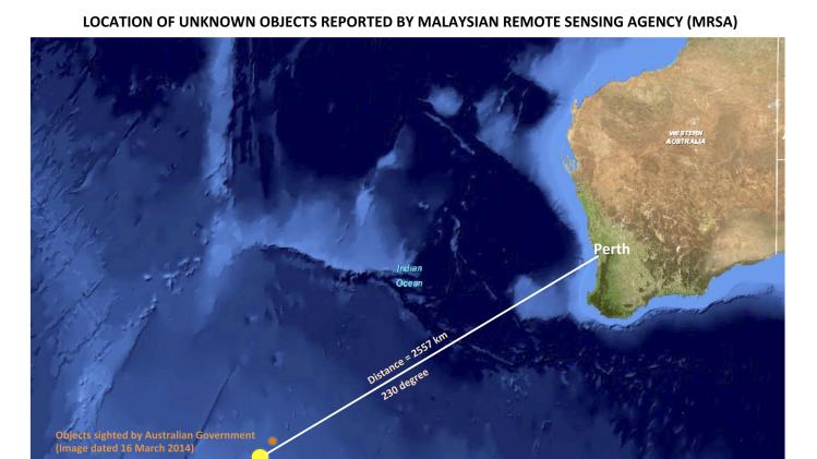Handout photo of location of unknown objects reported by Malaysia Remote Sensing Agency