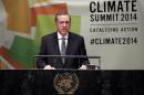 President Recep Tayyip Erdogan, of Turkey, addresses the United Nations Climate Summit, at U.N. headquarters, Tuesday, Sept. 23, 2014. (AP Photo/Richard Drew)