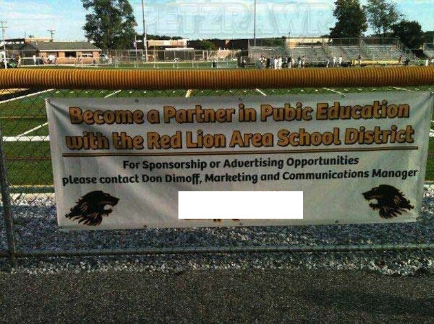 The Red Lion School District's unfortunate athletic sponsorship sign. The school contact's information has been redacted for his protection — Twitter