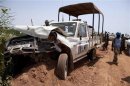 One of the UNAMID vehicles that was ambushed by unidentified assailants is seen at El Geneina