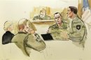 Photograph of courtroom sketch by artist Silver shows U.S. Army soldier Bales and his defense attorney Scanlan listening to testimony in Washington