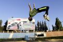 Syrian high jump athlete Majd Ghazal trains at Tishrin Stadium in Damascus on June 12, 2016