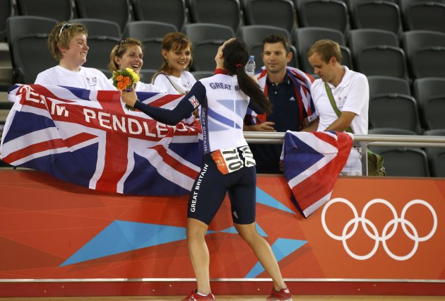 Britain's Victoria Pendleton celebrates winning the track cycling women's keirin finals at the Velodrome during the London 2012 Olympic Games