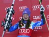 Tina Maze from Slovenia, reacts on the podium after winning the women's World Cup giant slalom race in Aspen, Colo., on Saturday, Nov. 24, 2012. (AP Photo/Alessandro Trovati)