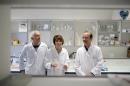 French researchers Philippe Durand, left, in charge of sciences at Kalistem startup, Marie-Helene Perrard, co-founder of Kalistem and Laurent David, a scientist at Lyon University, pose at the elite scientific university of Lyon (ENS), central France, Thursday, Sept. 17, 2015. A French startup working with a top government lab says it has developed in-vitro human sperm, claiming a breakthrough in infertility treatment sought for more than a decade. (AP Photo/Laurent Cipriani)