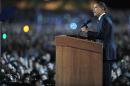 Then Democratic presidential candidate Barack Obama addresses supporters during his election night rally at Grant Park in Chicago, Illinois, on November 5, 2008