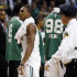 Boston Celtics' Rajon Rondo, center, walks off the court after being ejected in the second quarter of an NBA basketball game against the Brooklyn Nets in Boston, Wednesday, Nov. 28, 2012. (AP Photo/Michael Dwyer)