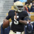 FILE - In this April 16, 2011, file photo, Notre Dame quarterback Everett Golson sprints out of the pocket during the first half of a spring NCAA college football game in South Bend, Ind. A Notre Dame spokesman says Golson is no longer enrolled at the school. (AP Photo/Joe Raymond, File)