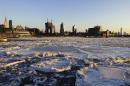Ice floes are viewed along the Hudson River in New York