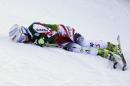 Eva-Maria Brem, of Austria, celebrates after winning the women's World Cup giant slalom ski race Saturday, Nov. 29, 2014, in Aspen, Colo. (AP Photo/John Locher)