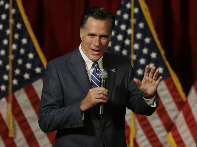 Republican presidential candidate and former Massachusetts Gov. Mitt Romney speaks at a campaign fundraising event in Del Mar, Calif., Saturday, Sept. 22, 2012. (AP Photo/Charles Dharapak)